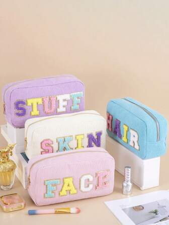 TRIP TIGER 4 件装女士旅行灯芯绒雪尼尔字母贴片护肤面部头发用品化妆包，适合旅行日常使用，也可作房间装饰包、化妆包、收纳包、旅行必备、化妆品整理包、洗漱包、桌面收纳包、化妆包、化妆袋、化妆包、化妆袋、化妆袋、化妆袋、化妆包、旅行必备、小型化妆包、化妆袋、化妆包、旅行必备、大容量、大号化妆包、女士礼物、圣诞礼物、女士礼物创意