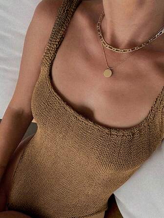 纯色纹理性感露背运动连体泳衣夏季