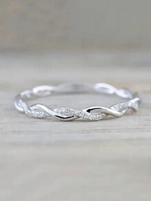 1 pieza Anillo de mujer sencillo con cuerda retorcida y anillo de strass - Plateado - Ver 2