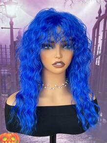 藍色斜劉髮型的自然凌亂中長捲髮合成假髮,適用於日常聚會和萬聖節假髮 - 藍色 - 查看 6