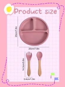 3pcs Suction Bowl And Utensils, Suitable For Infants And Toddlers, Made Of Silicone, Divided Design, Wooden Handle Spoon & Fork Silicone Child Plate Microwave And Dishwasher Friendly Kid Gifts