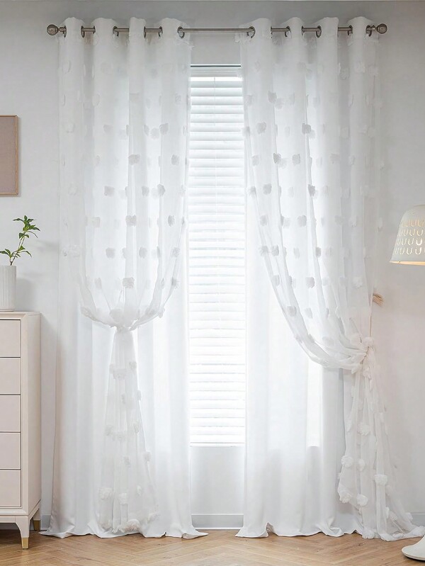 1pc High-grade Double Layer Gauze Big Pom Pom Curtain Sheer For Window, American Style