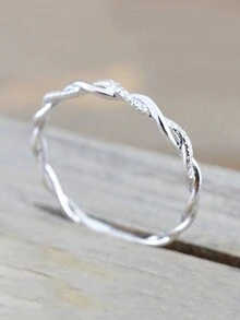 1 pieza Anillo de mujer sencillo con cuerda retorcida y anillo de strass - Plateado - Ver 1