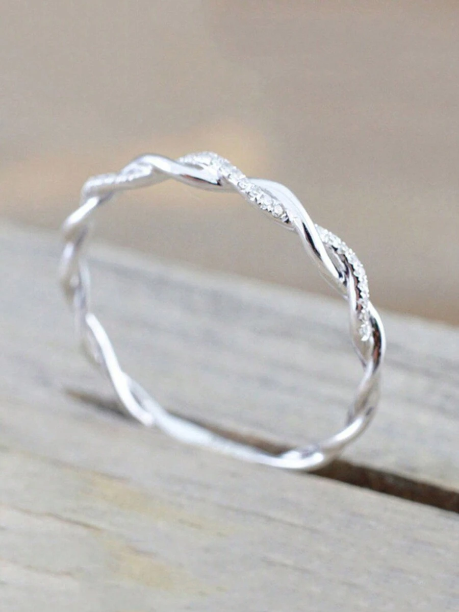 1 pieza Anillo de mujer sencillo con cuerda retorcida y anillo de strass - Plateado - Ver 1