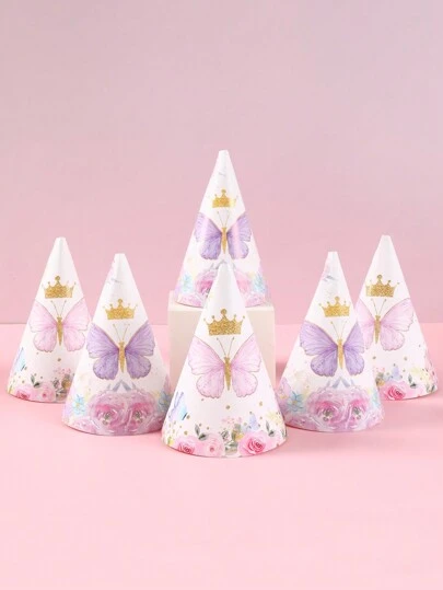 6 件粉紫色蝴蝶主题纸质派对帽，派对配饰装饰帽，适合生日家庭节日派对