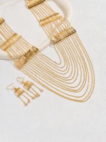 3pcs Set Luxurious European Style Bridal Jewelry, Trapezoid Hollow Flower, Multi-Layer Tassel Necklace And Earrings, Women Party Wedding Decoration