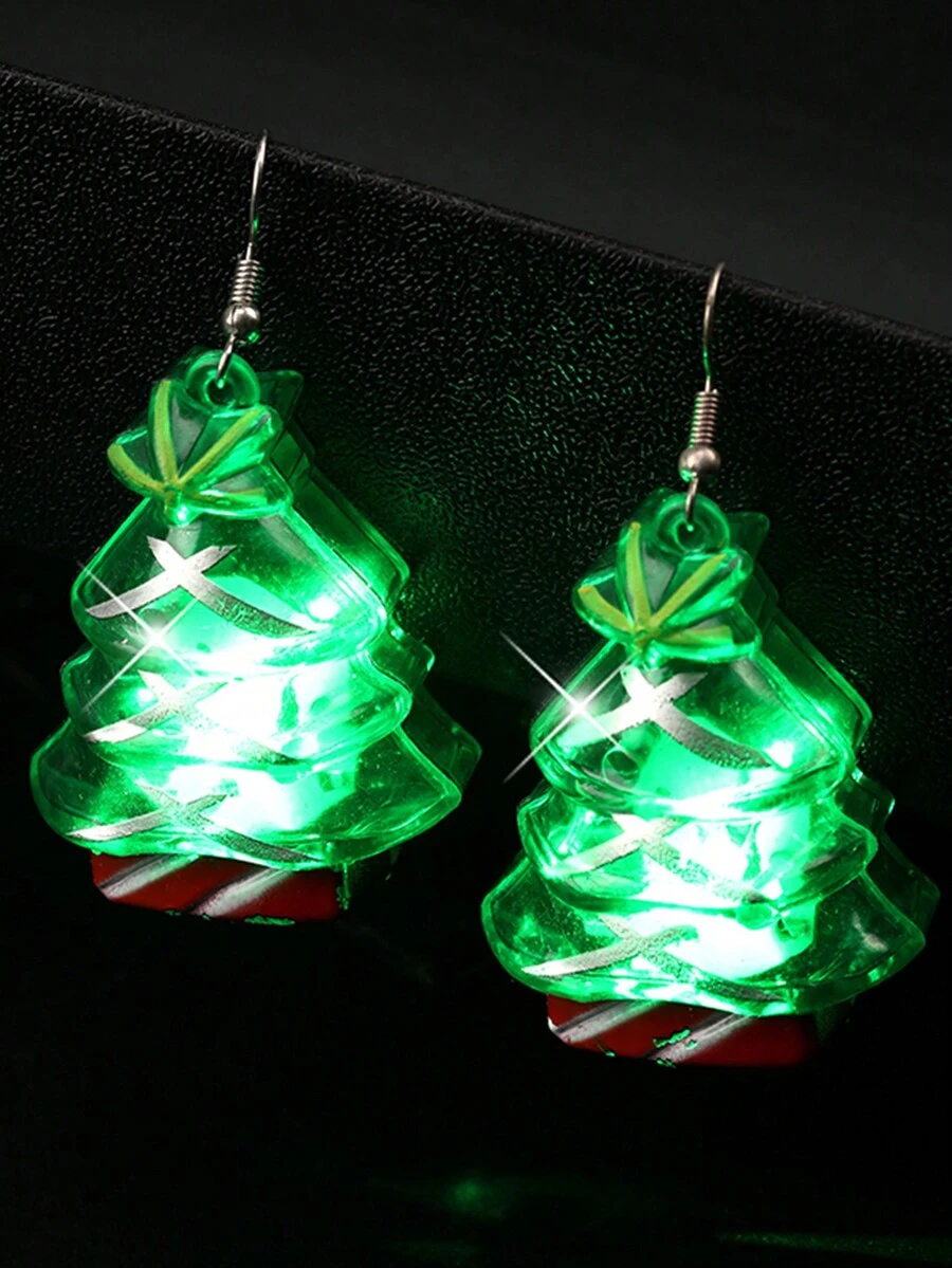 Led Light-up Christmas Tree Earrings - Green - View 1