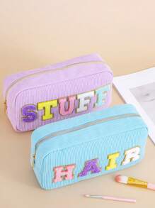 TRIP TIGER 1 件装少女女孩女士学院风贴片雪尼尔字母可爱紫色化妆盥洗袋物品收纳拉链化妆包旅行包