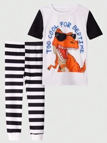 男孩卡通和標語圖案T恤和條紋圖案長褲緊身睡衣套裝 - 黑與白 - 查看 1