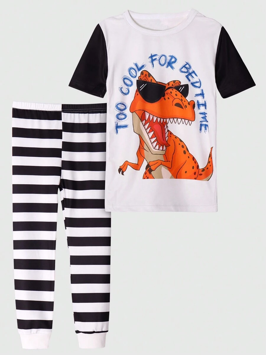 男孩卡通和標語圖案T恤和條紋圖案長褲緊身睡衣套裝 - 黑與白 - 查看 1