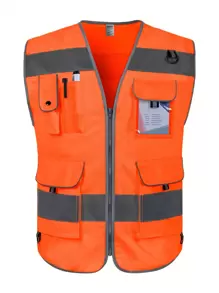 TCCFCCT One Piece Unisex 9-Pocket Knitted Reflective Strip High-Visibility Reflective Vest Overalls For Construction Site/Warehouse/Road Work Use, Orange - Orange - View 2
