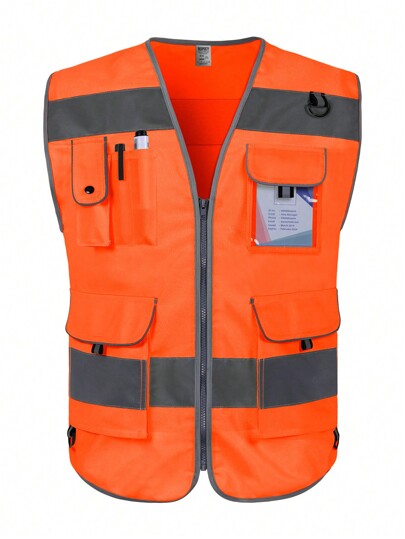 TCCFCCT One Piece Unisex 9-Pocket Knitted Reflective Strip High-Visibility Reflective Vest Overalls For Construction Site/Warehouse/Road Work Use, Orange