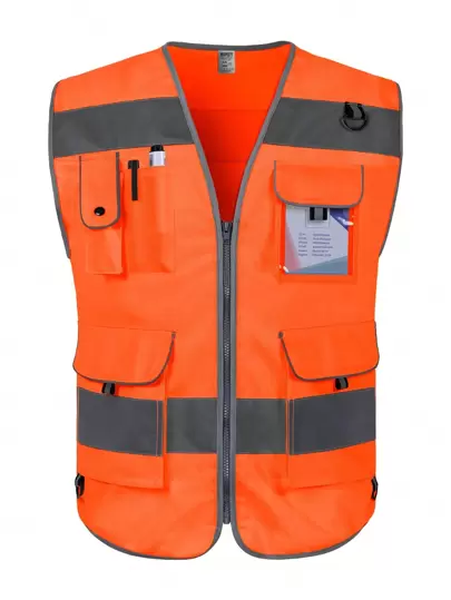 TCCFCCT Unisex stickad reflexväst med 9 fickor och hög synlighet, orange