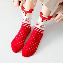 10pairs/pack Women's Random Color Red Tone Cute Christmas Socks, Comfortable & Breathable Mid-calf Socks - Multicolor - View 6