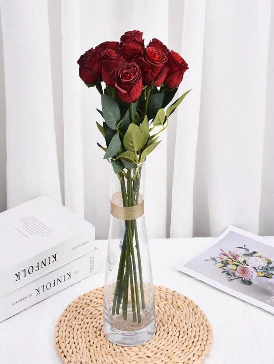 1pc Artificial Rose Flower, High-end Plastic Flower Bouquet For Room Decor, Flower Arrangement - Burgundy - View 1