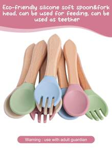 3pcs Suction Bowl And Utensils, Suitable For Infants And Toddlers, Made Of Silicone, Divided Design, Wooden Handle Spoon & Fork Silicone Child Plate Microwave And Dishwasher Friendly Kid Gifts