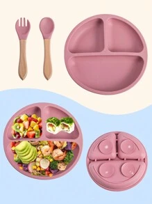 3pcs Suction Bowl And Utensils, Suitable For Infants And Toddlers, Made Of Silicone, Divided Design, Wooden Handle Spoon & Fork Silicone Child Plate Microwave And Dishwasher Friendly Kid Gifts