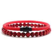 Rendy天然石手链，男女皆宜的幸运黑红绳手链，熔岩黑曜石珠手链，象征友谊 - 紅色 - 查看 2