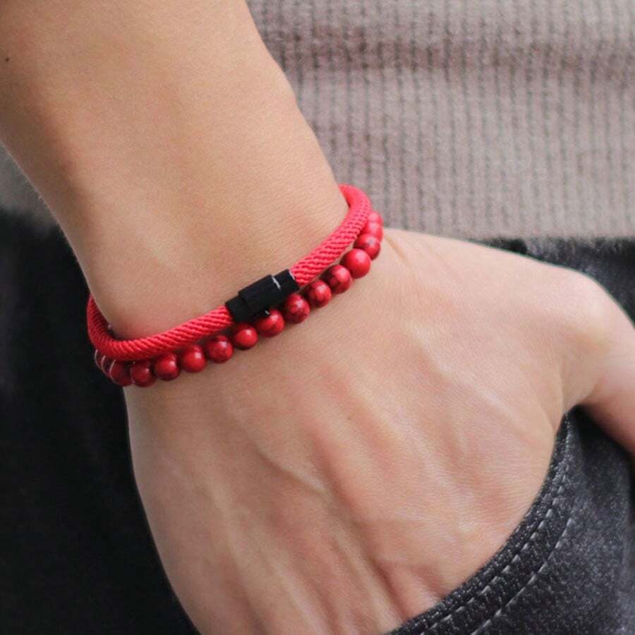 Rendy天然石手链，男女皆宜的幸运黑红绳手链，熔岩黑曜石珠手链，象征友谊 - 紅色 - 查看 1