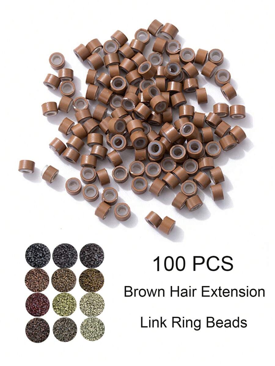 100pcs brown Hair Extensions Tools Kit Micro Rings Links Beads, 5mm Silicone Lined Beads for Human Hair Extensions Tool-Multi-colored,Hair Extension Link Ring Beads - Brown - View 1