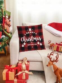 1入組黑色和紅色短毛絨靠墊套,裝飾有歡慶文字和彩色燈飾圖案,適用於節慶家居裝飾沙發靠墊汽車靠墊靠墊套替代品 - 彩色 - 查看 6