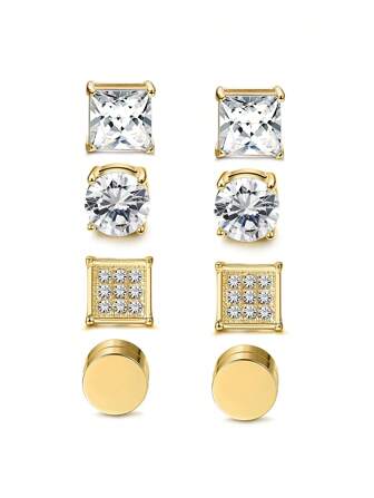 4雙時尚四方形方晶鋯石鍍金磁性不銹鋼夾式耳環適合男士,日常穿著禮物
