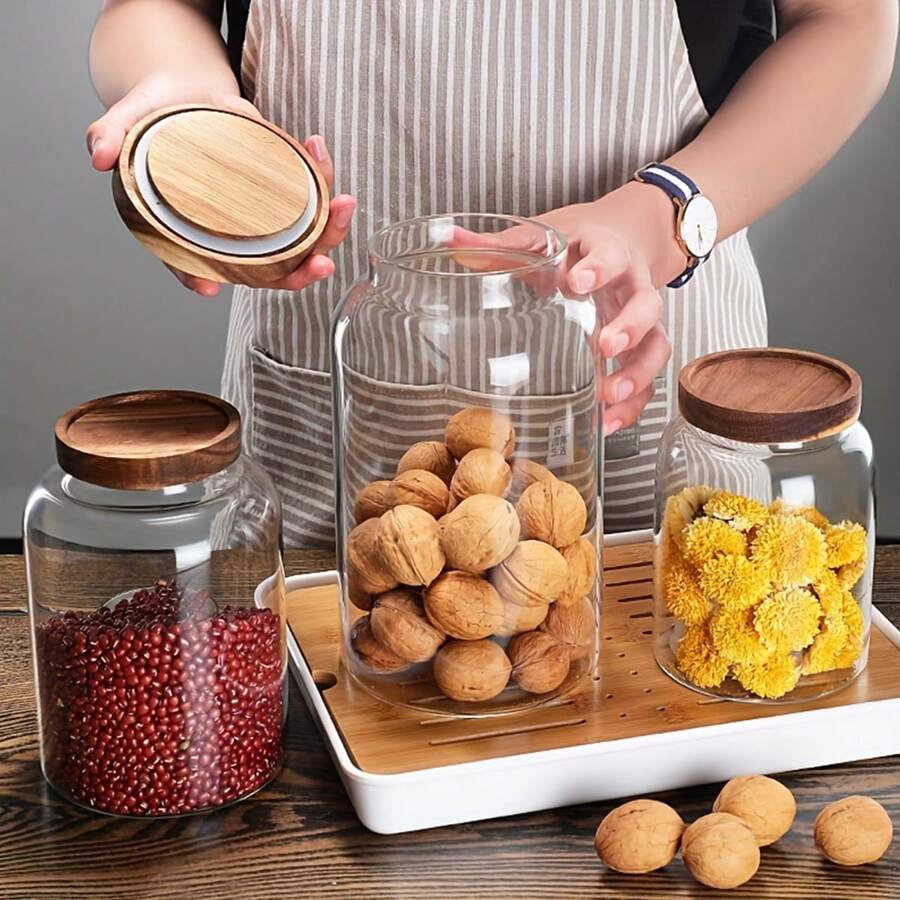 1pc Glass Jar With Wooden Lid For Pasta Storage, Food Storage Container - White - View 1