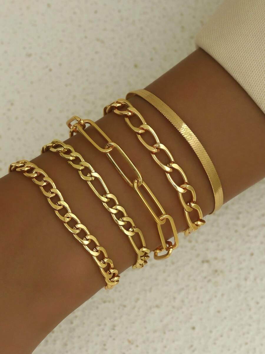 5入組時尚魅力紙夾&幾何連鎖手鍊,歐美女性日常珠寶飾品配件 - 金黃色 - 查看 1