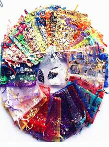 100入組隨機發貨金/銀箔星形、心形圖案，隨機顏色的10cm闊、12cm高的雪紡袋，結婚派對禮物/糖果