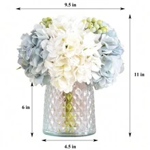 Wracra 玻璃花瓶中的繡球花花藝擺設,假花絲綢繡球花人造花與花瓶,適用於家居辦公室裝飾、餐桌中心裝飾 - 藍白色 - 查看 6