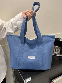 Bolso Grande Minimalista De Color Sólido De Pana Con Gran Capacidad - Azul - Ver 3