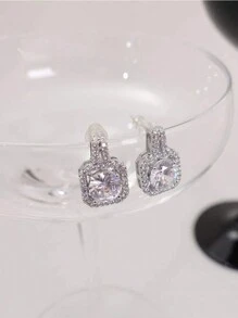 2 piezas Pendientes de botón redondos y cuadrados con cristales brillantes para mujer, para boda, fiesta, uso diario, joyería, accesorios elegantes y regales. Accesorios para el Día de San Valentín, verano, joyería, festival, accesorios - Plateado - Ver 4