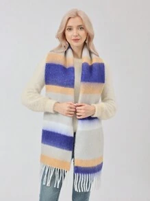 1pc Ladies' Thick Plush Multicolor Striped Scarf With Tassel And Fluffy Lining - White - View 2