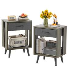 JAFUSI Nightstands Set Of 2 With Fabric Storage Drawer And Open Wood Shelf, Side Table With Storage For Bedroom, Night Stand With Drawer For Bedroom, Bedside Tables - Xám - Xem 1