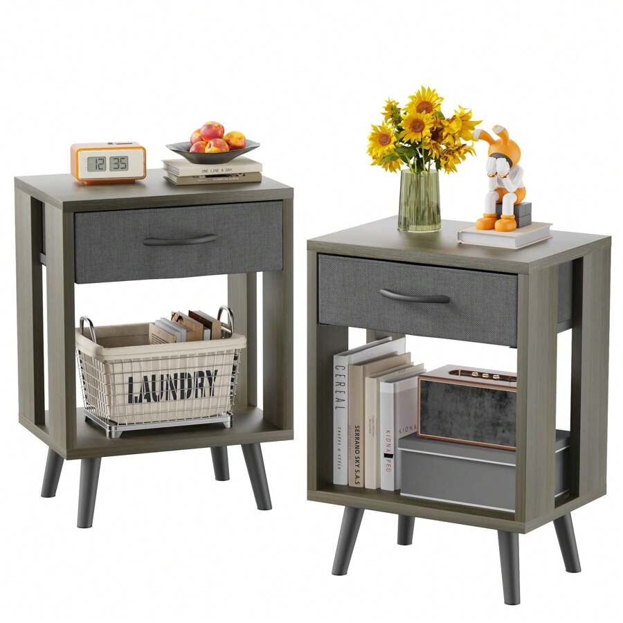 JAFUSI Nightstands Set Of 2 With Fabric Storage Drawer And Open Wood Shelf, Side Table With Storage For Bedroom, Night Stand With Drawer For Bedroom, Bedside Tables - 灰色 - 查看 1