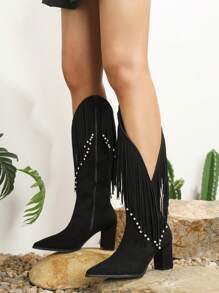 搭配紧身胸衣、女士开衫搭配绒面流苏及膝靴、尖头粗高跟鞋西式 V 型修身长靴 - 黑色 - 查看 3