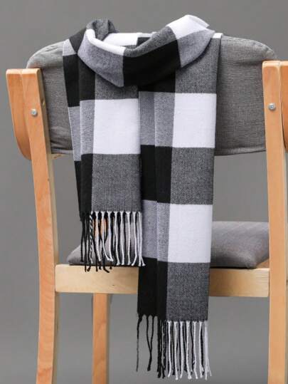 1pc Unisex Black & White & Gray Square Checkered Faux Cashmere Scarf For Spring & Autumn, Perfect For Outdoor, Shopping, Travel & Gifting Winter Fall