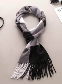1 件男女通用黑白灰色方形格纹仿羊绒围巾，适合春秋季节，非常适合户外、购物、旅行和送礼，冬季秋季 - 黑與白 - 查看 4