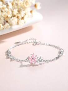 Pulsera Exquisita BONA de Plata Esterlina S925 con Circonia Cúbica Rosada, Rhinestone Oxide y Diseño de Flor. Accesorios e Joyería de Gama Alta Ajustable para Damas, Regalo de Navidad de Pareja, Confesión de Amor con Toque Floral y Elegante para tu Novia. - flores de cerezo rosa - Ver 2