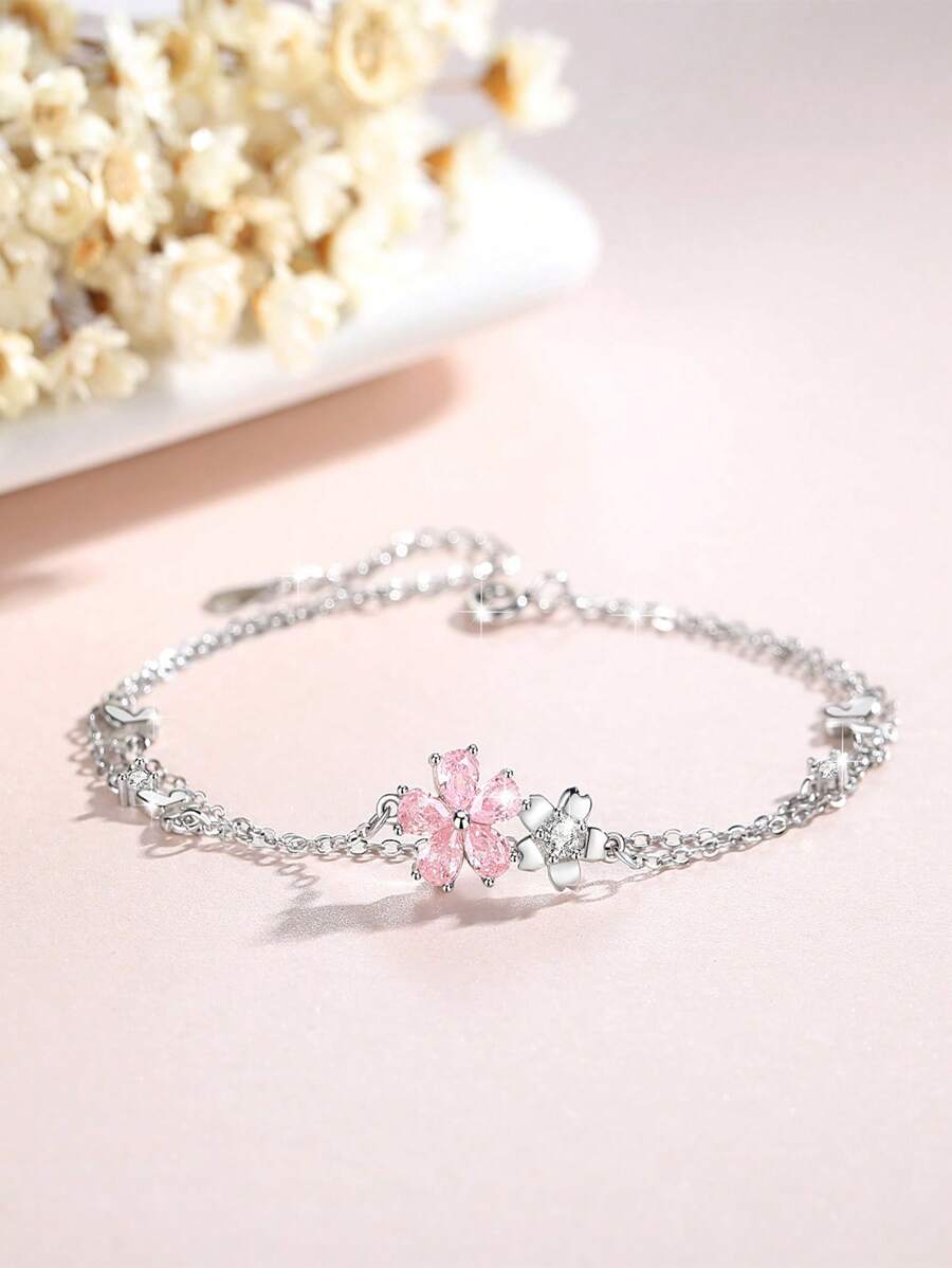 Pulsera Exquisita BONA de Plata Esterlina S925 con Circonia Cúbica Rosada, Rhinestone Oxide y Diseño de Flor. Accesorios e Joyería de Gama Alta Ajustable para Damas, Regalo de Navidad de Pareja, Confesión de Amor con Toque Floral y Elegante para tu Novia.