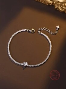 1入簡約優雅925純銀鑲鋯石心型手鍊,適合日常佩戴、度假、約會夜晚和送禮