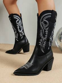 2023 European And American Autumn Vintage-style Embroidered Western Cowboy Boots With Chunky Heels, High Tube, Elastic Shaft And Pointed Toe - Black - View 3
