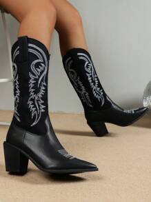 2023 European And American Autumn Vintage-style Embroidered Western Cowboy Boots With Chunky Heels, High Tube, Elastic Shaft And Pointed Toe - Black - View 1