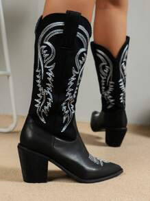 2023 European And American Autumn Vintage-style Embroidered Western Cowboy Boots With Chunky Heels, High Tube, Elastic Shaft And Pointed Toe - Black - View 4