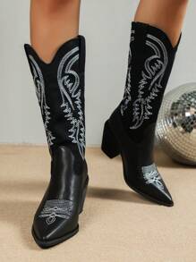 2023 European And American Autumn Vintage-style Embroidered Western Cowboy Boots With Chunky Heels, High Tube, Elastic Shaft And Pointed Toe - Black - View 2
