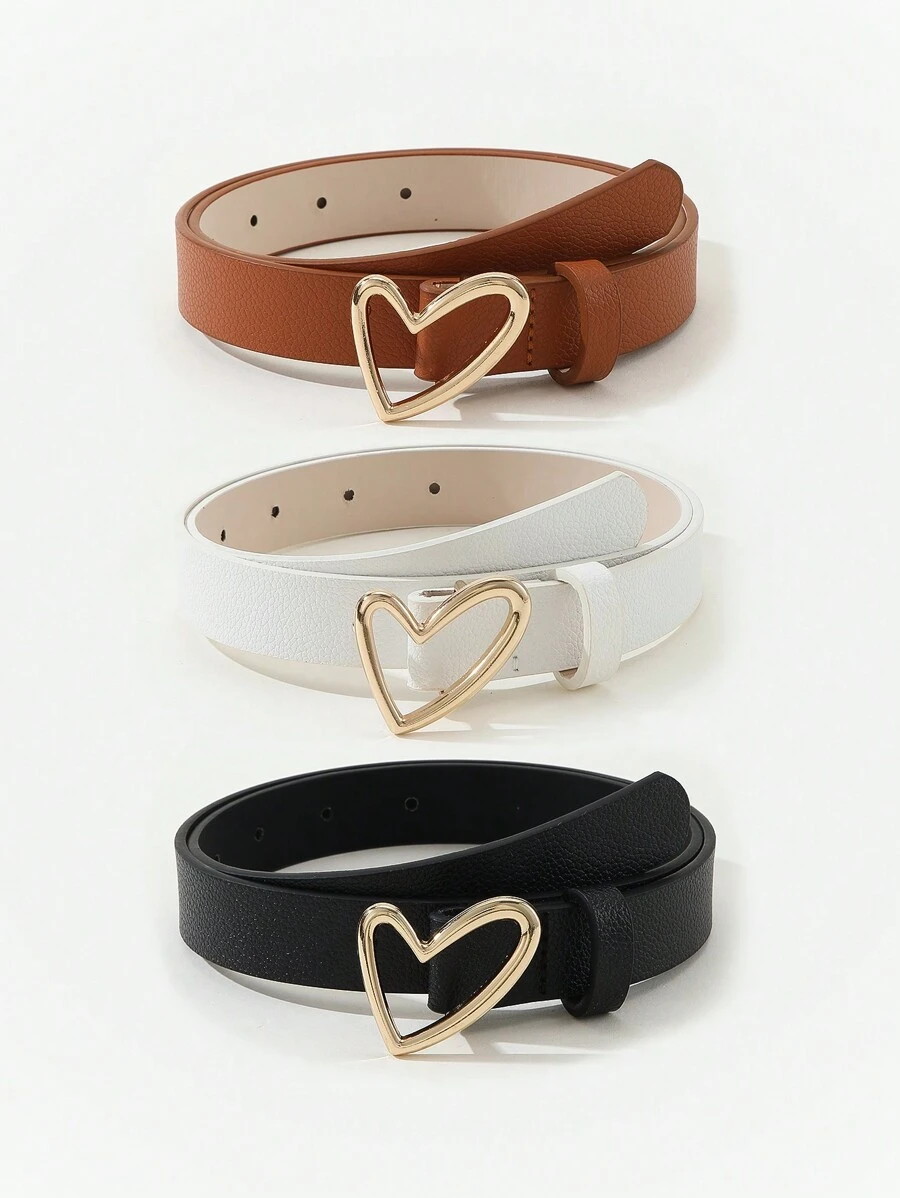 Bộ 3 chiếc thắt lưng nữ bằng da PU khóa hình trái tim màu vàng, nhiều màu sắc, kiểu dáng ngọt ngào, tối giản, phụ kiện đa năng cho váy, quần jeans, phù hợp cho công sở, đi làm, Ngày của Mẹ. - Nhiều màu - Xem 1