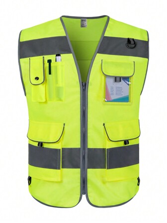 TCCFCCT 1pc Unisex High Visibility Reflective Vest With 9 Pockets And Reflective Stripes For Construction/Warehouse/Road Work, Yellow