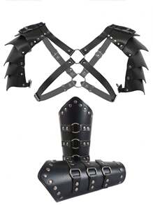 Leather Shoulder & Double-shoulder Armor Costume Accessory Set, Medieval Knight Bracers Prop - Black - View 1