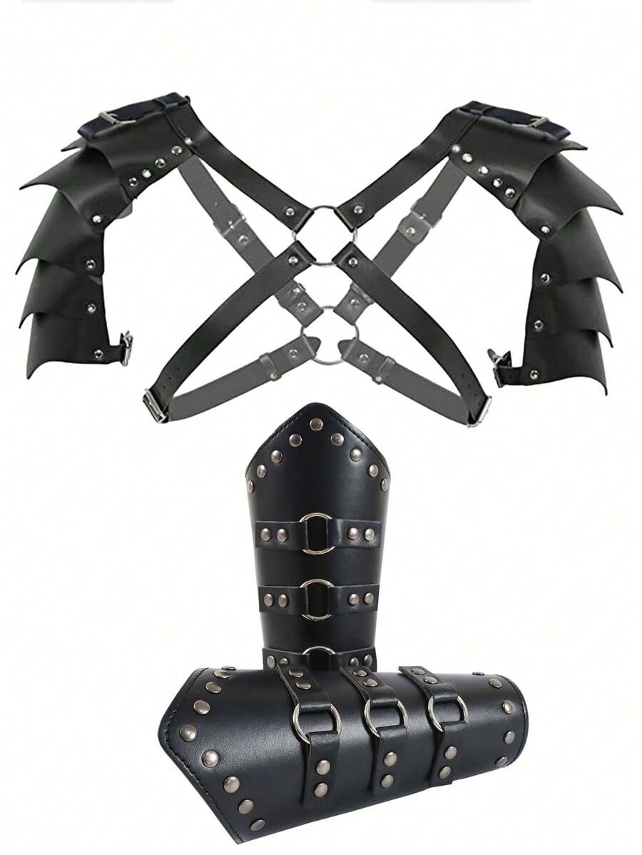 Leather Shoulder & Double-shoulder Armor Costume Accessory Set, Medieval Knight Bracers Prop - Black - View 1