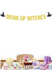 1入組金色drink Up Witches點綴旗幟,金色閃亮萬聖節派對裝飾,神秘女巫萬聖節派對橫額,萬聖節派對用品